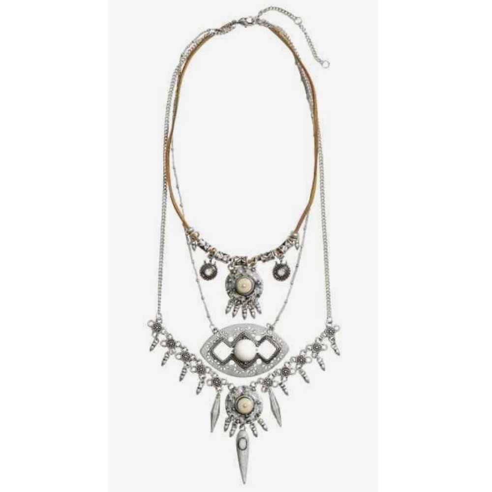 H&M Vintage Style 3 Tier Silver Statement Boho Tribal Necklace